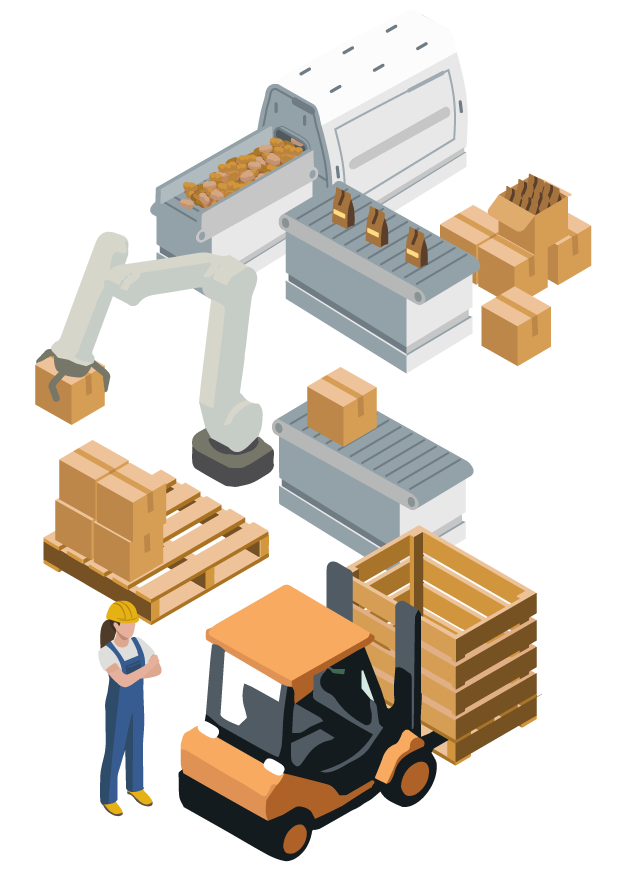 Illustration of a packing line, pallets and a forklift